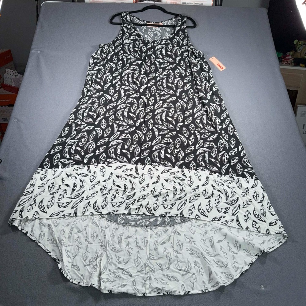 Evri Women's 1X Black White Leaf Print High Low Sleeveless Flowy Boho Dress NWT